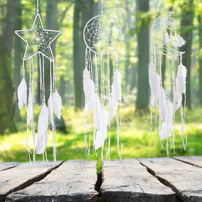 Jetec 3 Pcs Dream Catcher for Girl Star Sun Moon Decor, White