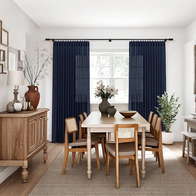 Jowels Navy Linen Curtains 80 Inch Long 2 Panels for Living Room | Navy Blue Light Filtering Semi Sheer Curtain,Back Tab Pocket Pleated Look,Boho Textured Privacy Drapes for Bedroom Window