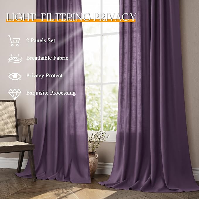 Jowels Plum Linen Curtains 84 Inch Long 2 Panels for Living Room | Light Filtering Semi Sheer Curtain, Back Tab Pocket Pleated Look, Boho Farmhouse Textured Privacy Drapes for Bedroom Window