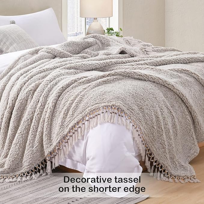 Ultra Soft Fleece Sherpa Blanket Queen Size,Lightweight Cozy Boho Bed Blanket with Decorative Tassel, Pattern Reversible, 2 Tones Ombre Light Brown, 90”x90”