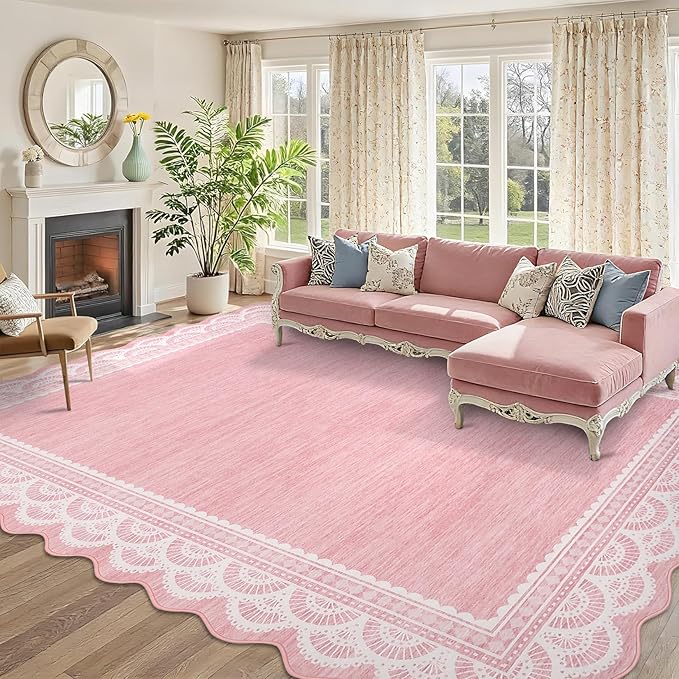 COZYLOOM 9x12 Lace Border Area Rug for Bedroom, Scalloped Large Living Room Rug with Non Slip Backing, Non Shedding Modern Solid Color Area Rugs Stain Resistant Low Pile Mats for Kids Room, Pink
