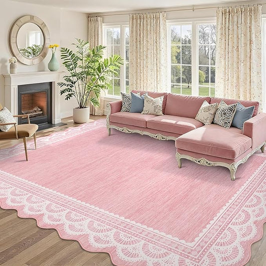 COZYLOOM 9x12 Lace Border Area Rug for Bedroom, Scalloped Large Living Room Rug with Non Slip Backing, Non Shedding Modern Solid Color Area Rugs Stain Resistant Low Pile Mats for Kids Room, Pink