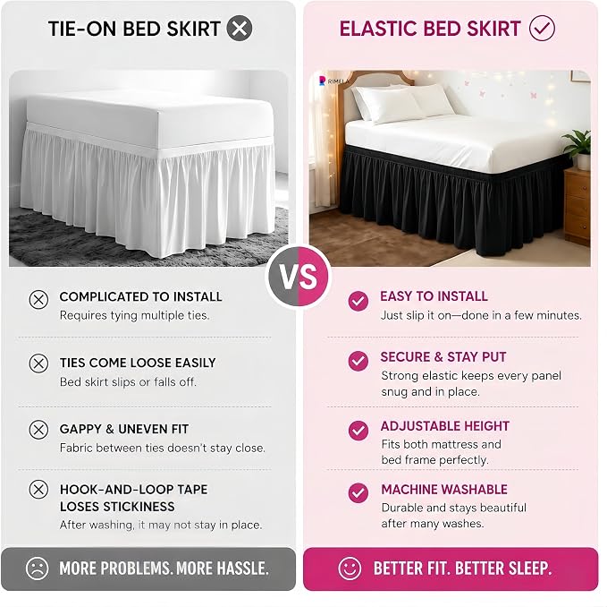 Dorm Room Bed Skirt Twin XL 42" Drop, College Split Corner Bedskirt, Black | Solid ruffled, Wrap-around/elastic, Wrinkle & Fade resistant, with Adhesive Strips, Gift Packed, Machine Wash/Tumble Dry/Iron