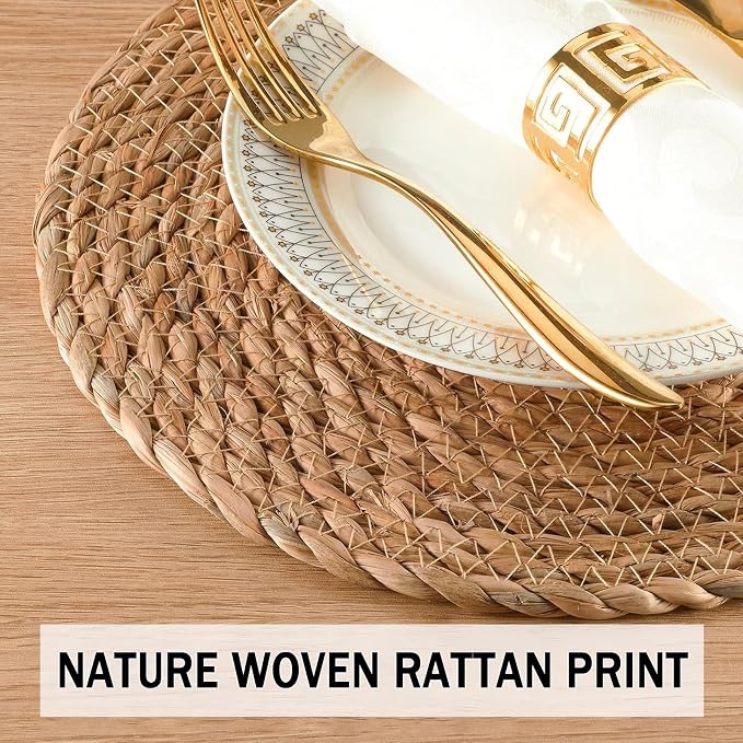 Handmade Heat Resistant 13.8" Round Woven Placemats Set of 10, Wicker Boho No Chemical Natural Water Hyacinth Place Mats, Farmhouse Table Mats for Kitchen Dining Table,Home Decorations,Wedding