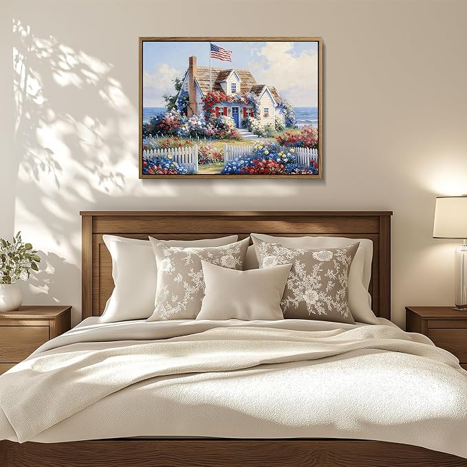 American Flag Framed Canvas Wall Art, 4th of July Patriotic Canvas Prints | Summer Cottage Landscape Poster Print, Vintage Independence Day Wall Decor for Bedroom Living Room Office 16×20in