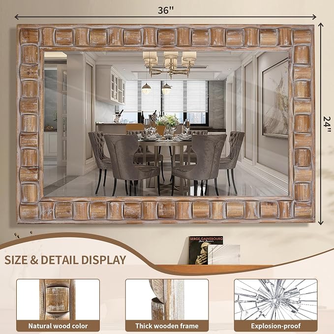 36x24 Inch Rustic Rectangle Wall Mirror | Solid Wood Frame Bathroom Vanity Mirror for Over Sink, Entryway, Living Room & Bedroom