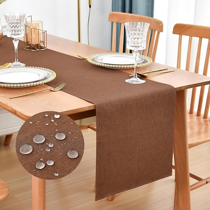 Faux Linen Table Runner Water Resistant 13 x 48 in, Brown | Farmhouse Rustic Table Runners, Coffee Table Runner, Dresser Runners for Bedroom, Living Room, Kitchen, Dining, Party