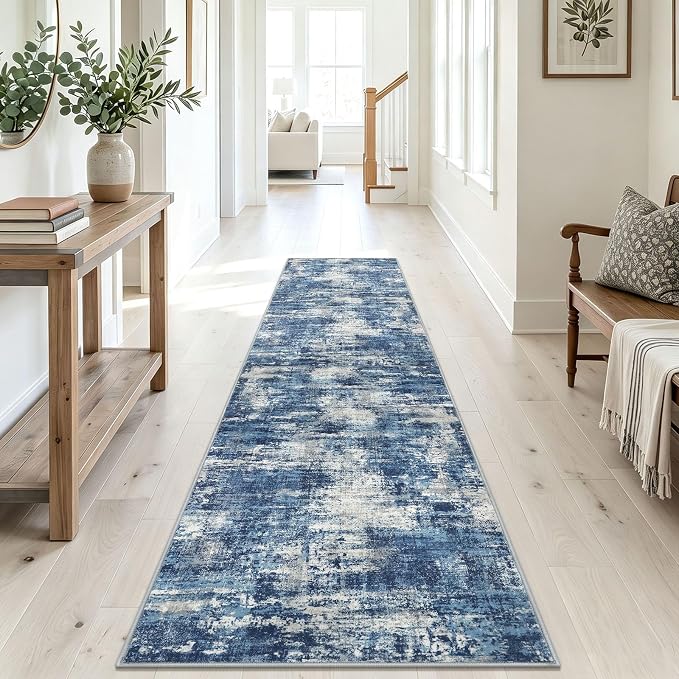 Lansny Abstract Washable 2x10 Runner Rug Runners for Hallways Non Slip | Blue;Thin Printed Faux Wool Entryway Runner Indoor;Hallway Runner Rug;Rubber Backed 10ft Floor Carpet Runners;Bedroom Runners