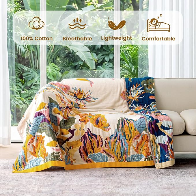 MSGKV Boho Throw Blanket 60"x80" 100% Cotton for Couch Bed, Summer Quilt | 100% Cotton Throw, Summer Blanket, Breathable Lightweight, Farmhouse Home Decor, Soft Comfort, Picnic Blanket