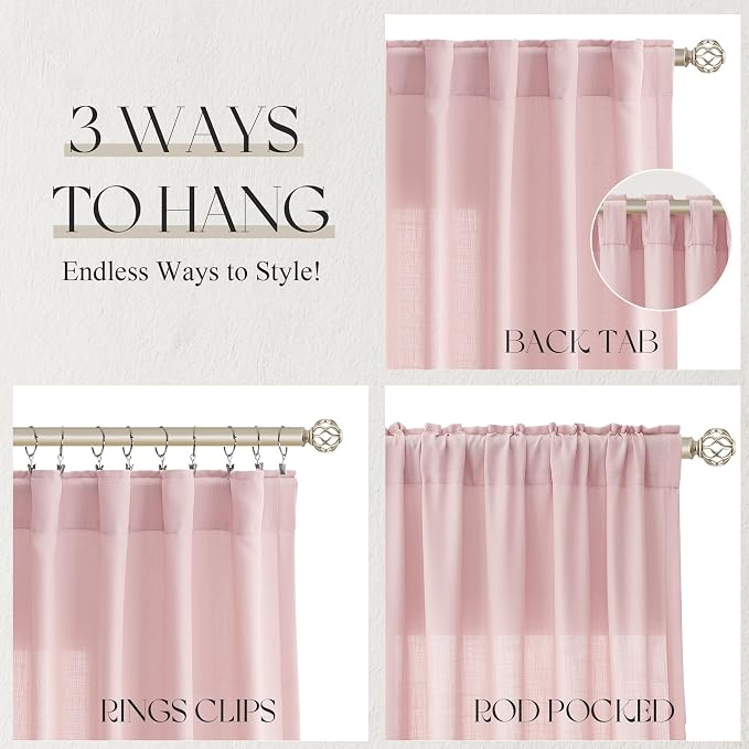 Jowels Pink Linen Curtains 60 Inch Long 2 Panels for Living Room | Light Filtering Semi Sheer Curtain, Back Tab Pocket Pleated Look, Boho Farmhouse Textured Privacy Drapes for Bedroom Window