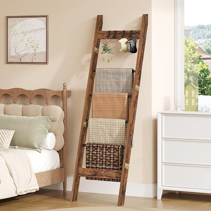 Hzuaneri Blanket Ladder Decorative Quilt Rack with 4 Removable Hooks | 5-Tier Farmhouse Ladder Holder Shelf Organizer for Living Room Bedroom, Rustic Brown 02101BBR