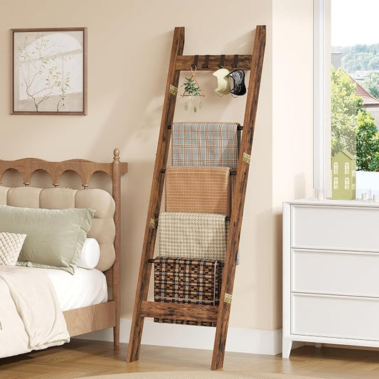 Hzuaneri Blanket Ladder Decorative Quilt Rack with 4 Removable Hooks | 5-Tier Farmhouse Ladder Holder Shelf Organizer for Living Room Bedroom, Rustic Brown 02101BBR