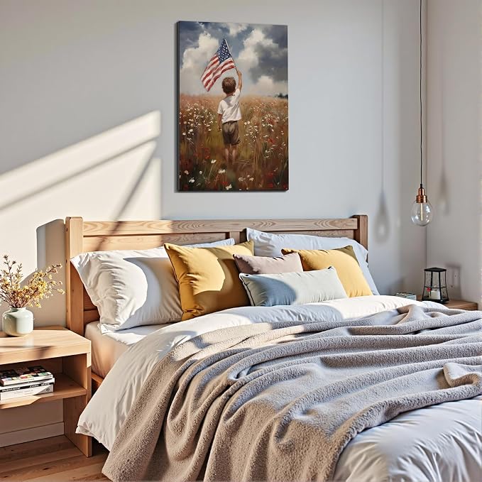 Framed American Flag Wildflower Field Wall Art, Patriotic Rustic Canvas Art Pictures, USA Flag Coastal Meadow Wall Decor, Made in USA Ready to Hang for Living Room Bedroom