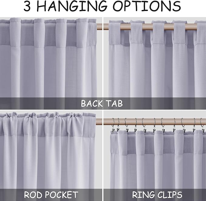 Lavender Purple Linen Curtains 90 Inches Long for Living Room Boho Decor Light Filtering Semi Sheer Curtain Back Tab and Rod Pocket Modern Luxury Drapes for Bedroom Office 52x90, 2 Panels