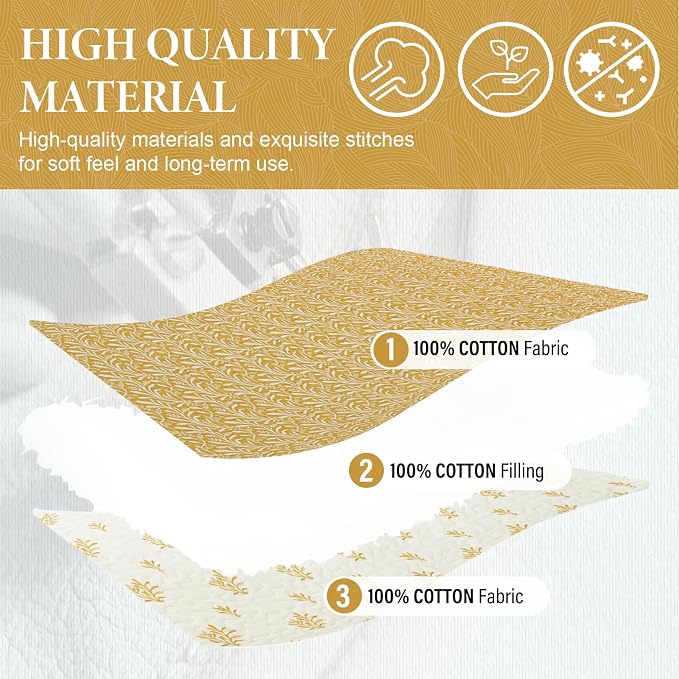 SahSahCasa Quilt Set Queen Size, 100% Cotton Quilt Bedding Set Bedspread, Botanical Pattern Solid Color Chic Lightweight Quilted Comforter for Queen Bed, Mustard Yellow, All Season, 3 Pieces