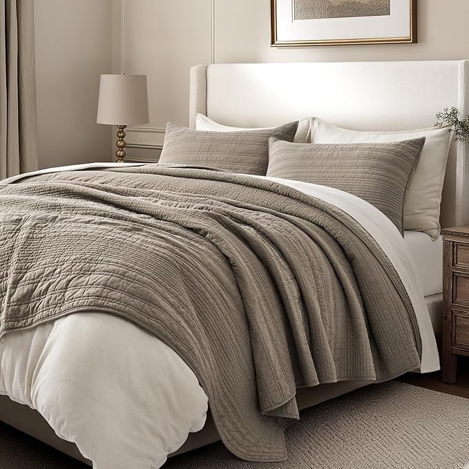 EVERGRACEHOME 100% Cotton Modern Lines Quilt Set King Size, Stone Taupe | Pre-Washed Soft Cotton, Striped Coverlet Bedspread, 3 Piece Lightweight Bedding Set for All Season, with 2 Pillow Shams