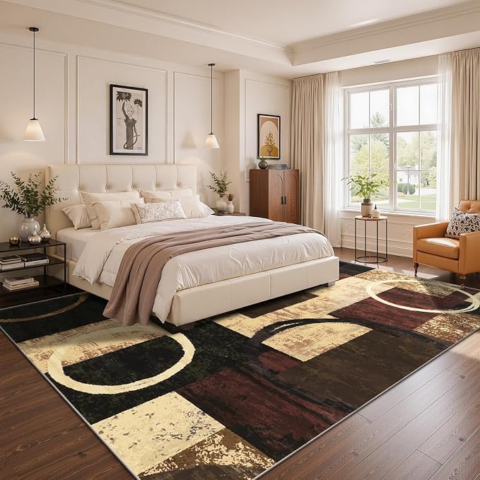 Yamaziot 9x12 Washable Modern Abstract Area Rug Non-Slip Living Room Rug | Stain Resistant, Low Pile, Ultra Soft Carpet Rug with Rubber Backing for Dining Room, Nursery, Bedroom, Office, Brown