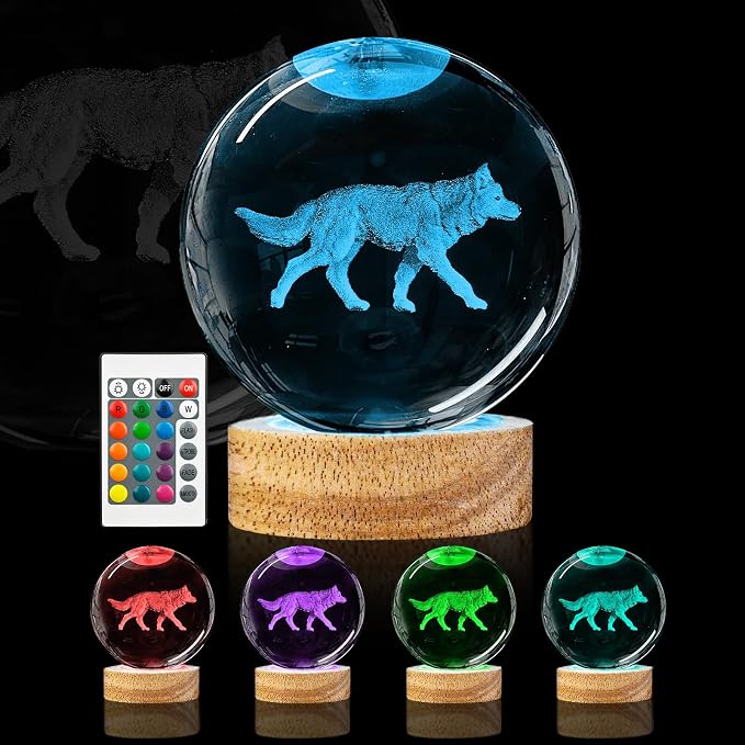 3D Crystal Ball Night Light - 3.15 Inch Wolf Figurine Glass Ball Lamp with 16 Color Changing Wooden Base - Ideal Gifts for Friends, Kids, Christmas, Birthday