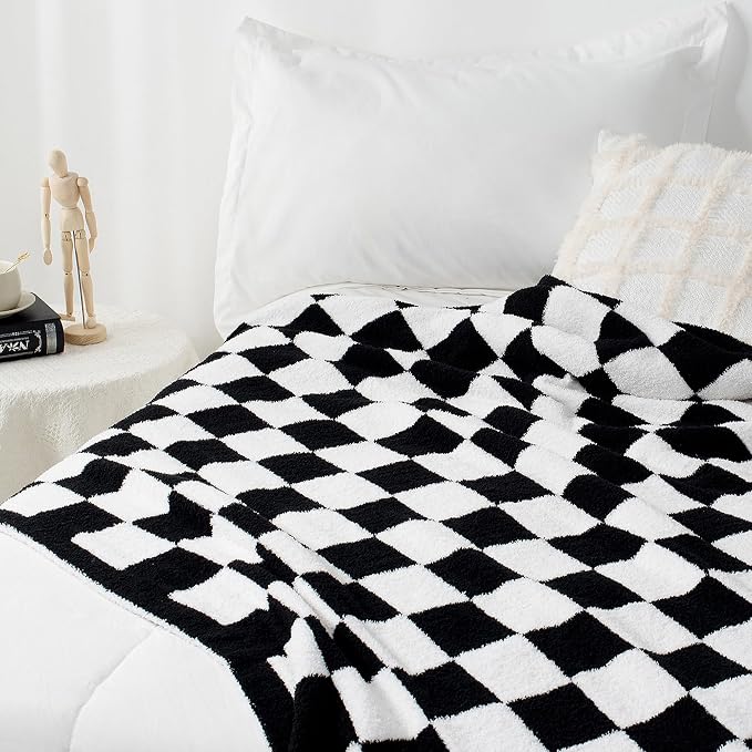 Carriediosa Checkered Throw Blanket 90x90, 400GSM Ultra Soft Microfiber | Black, Queen, Fuzzy Fluffy Cozy Plush Knitted Plaid Checker, Lightweight Cute Preppy Fall Blankets & Throws for Couch, Bed