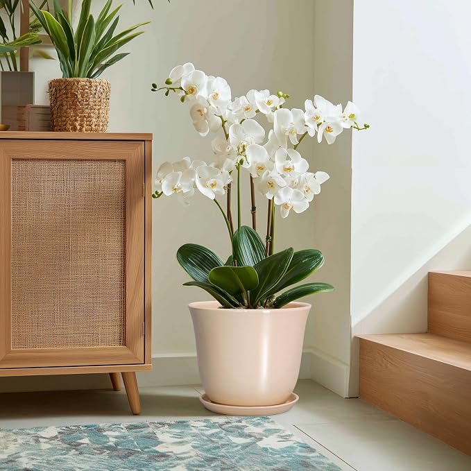 Ceramic Plant Pots, 12 Inch Plant Pot with Drainage, Beige | Large Round Flower Pot for Indoor, Modern Planter with Tray, Decorative Planters, Home Garden Decor, Garden Gifts