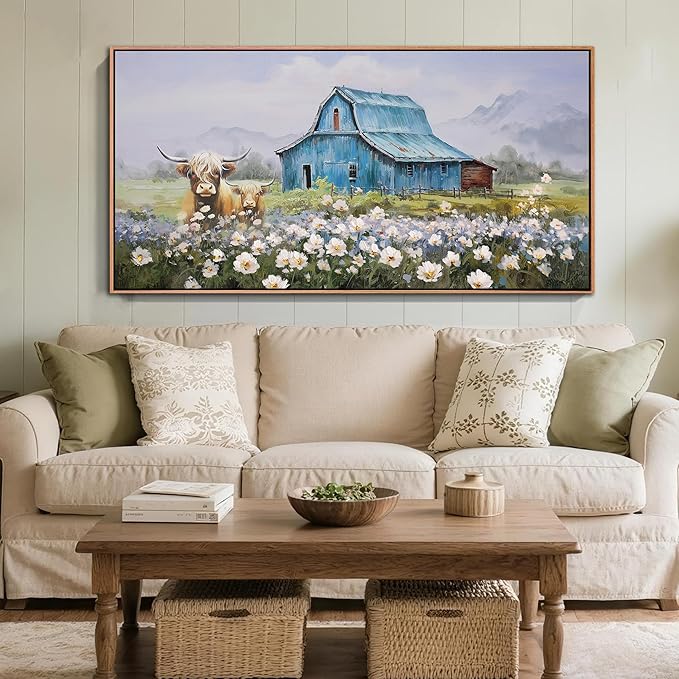 Anolyfi Highland Cow Farmhouse Wall Art for Living Room, Blue Barn Paintings Warm and Cozy Decor for Bedroom Dining Room Home Hallway, Framed 40"x20"