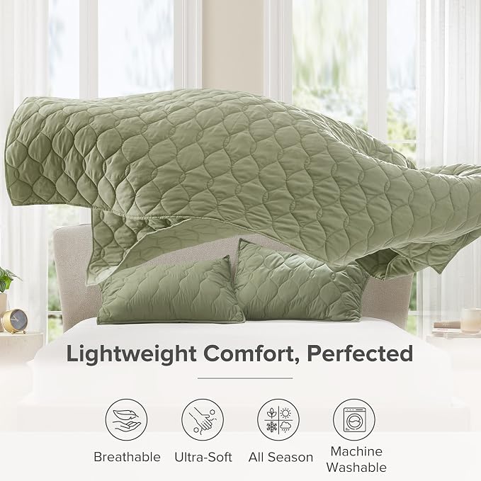 Comfort Spaces Kienna Twin Quilt Bedding Set 2P, 66"x 90" Olive Green Ogee | Soft Cozy Lightweight Summer Twin XL Coverlet for College Dorm, Quilted Extra Layer, Modern Casual Bedroom Decor, OEKO-TEX