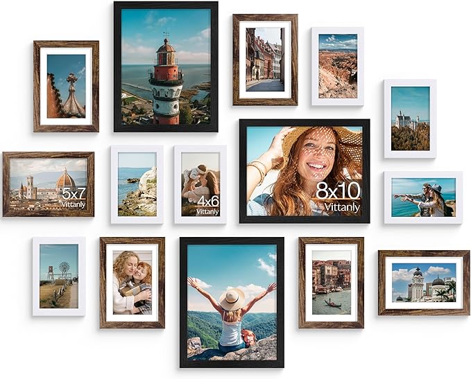 Vittanly 15 Pack Gallery Wall Frame Set, Black, Brown, White | Picture Frames Collage Wall Decor: 3pcs 8x10, 6pcs 5x7, 6pcs 4x6. Picture Frame Set for Wall or Tabletop Display