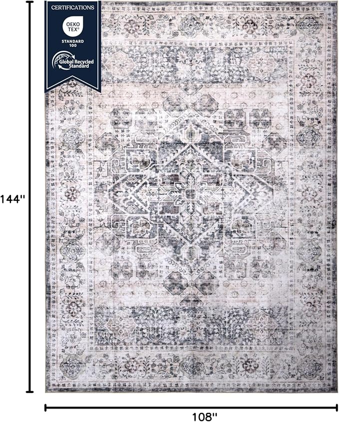Machine Washable Area Rug, Soft & Durable, Non-Slip, Stain Resistant Rug for Bedroom, Living Room, Dining Room, High Traffic Areas. (Grey/Soft Taupe, 9' X 12')
