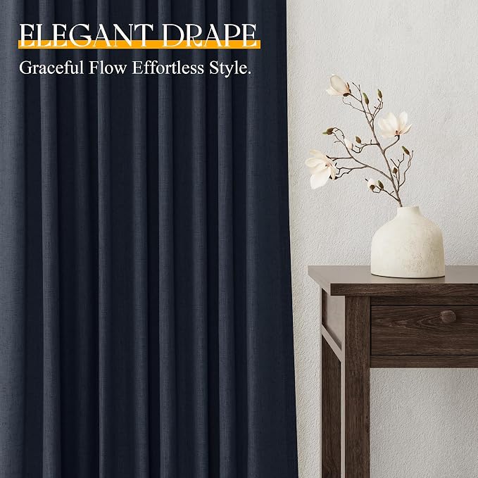 Jowels Retro Blue Linen Curtains 84 Inch Long 2 Panels for Living Room | Light Filtering Semi Sheer Curtain, Back Tab Pocket Pleated Look, Boho Farmhouse Textured Privacy Drapes for Bedroom Window