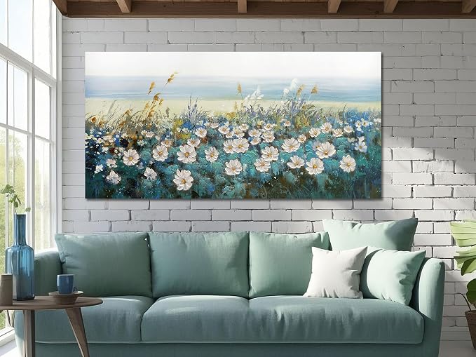 Arjun Flower Wall Art for Living Room, Teal Bedroom Canvas Daisy Floral Painting Landscape Picture Artwork Large Textured Office Home Dining Room Kitchen Wall Decor Large 48"x24"