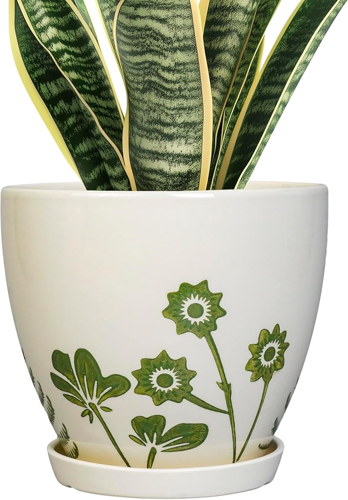MPotTo 8.2 Inch Plant Pot - Ceramic Planter for Indoor Outdoor Flowers, Boho Round Decorative Indoor Flower Pot with Drainage Hole and Saucer, Gifts for Plant Lovers, Office Garden House Decor, White