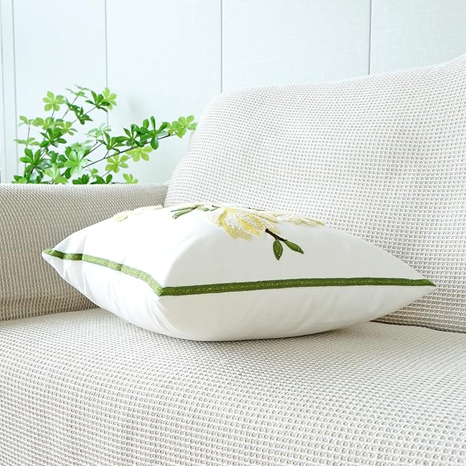 vctops Farmhouse Magnolia Flower Cotton Tufted Throw Pillow Cover Spring Floral Embroidery Pillowcase Soft Square Cushion Case for Sofa Couch Bed Chair (Yellow E,18"x18")
