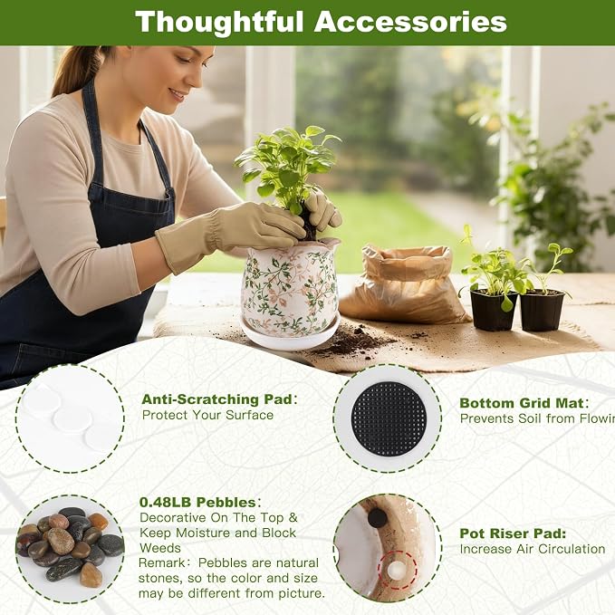 Ceramic-Planters-for-Indoor-Plants with Saucer, 6 inch Vintage Ice Crackle Glaze Plant Pots with Drainage Holes, Decorative Flower Pots for Outdoor Garden Home Decor, Tuscan Pot for Plant