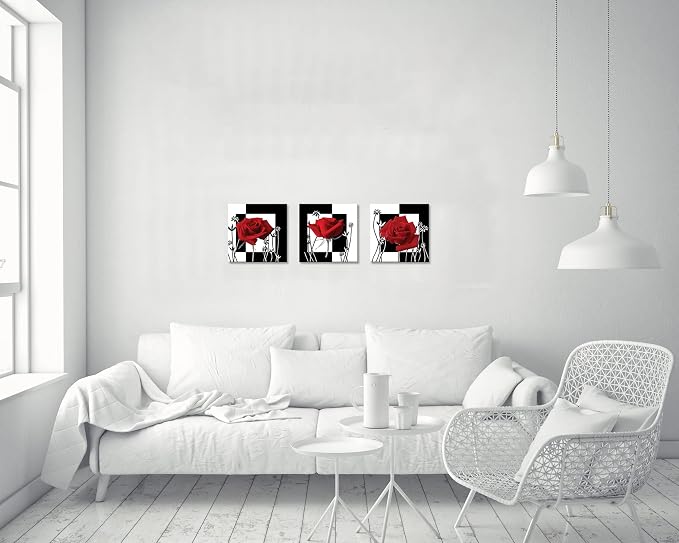 NAN Wind Canvas Print 3 Pcs Black and White Red Rose Canvas Art Painting Abstract Wall Art Decorations Flower Picture on Canvas for Home Decor Stretched and Framed (14X14inchX3pcs, rose2)