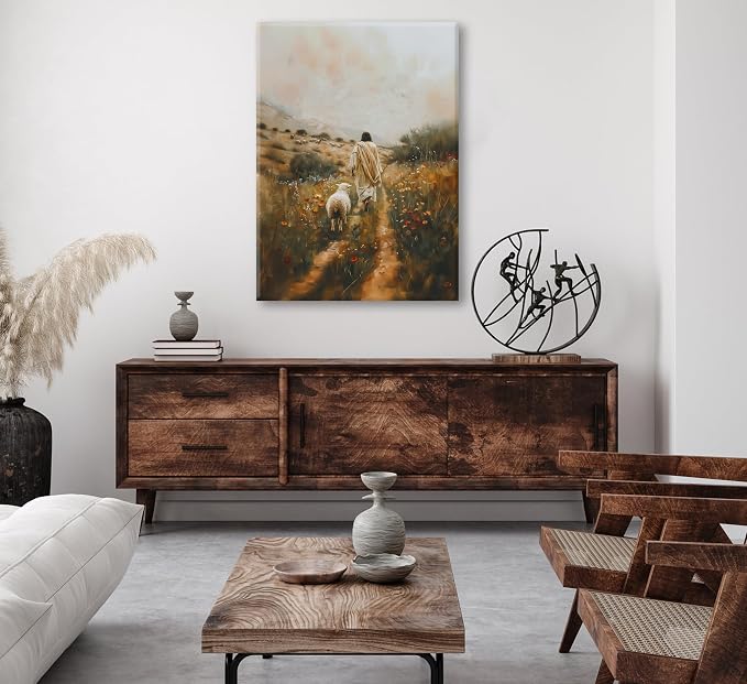 Vintage Jesus Lamb Christian Canvas Wall Art Jesus Leaves The 99 Sheep Christ Wall Decor The Lost Sheep Bible of Parable Posters Prints for Church Bedroom Living Room Home Decor
