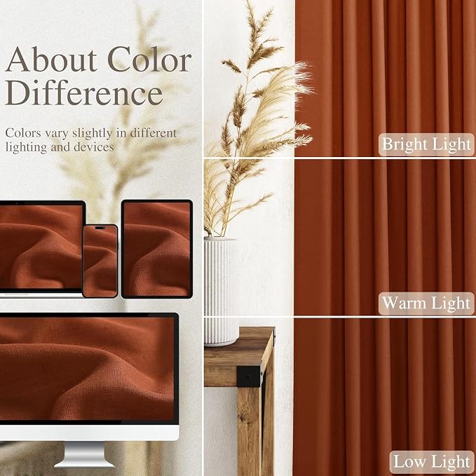 Extra Wide Terracotta Curtains for Living Room 102 Inches Long Back Tab and Rod Pocket Linen Semi Sheer Farmhouse Boho Floor to Ceiling Curtain for Bedroom Office Luxury 100x102, 2 Panels