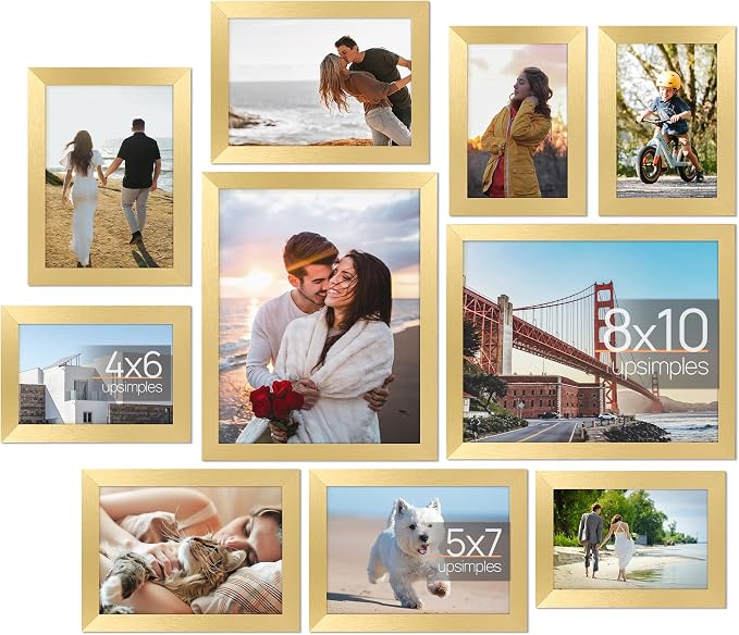 upsimples Picture Frames Set of 10, Including 8x10, 5x7, 4x6 Gold Frame | Multi Picture Frames Collage Wall Decor, Gallery Wall Frame Set, Gift For Christmas, Mothers' day, Wedding, Dorm, Living Room