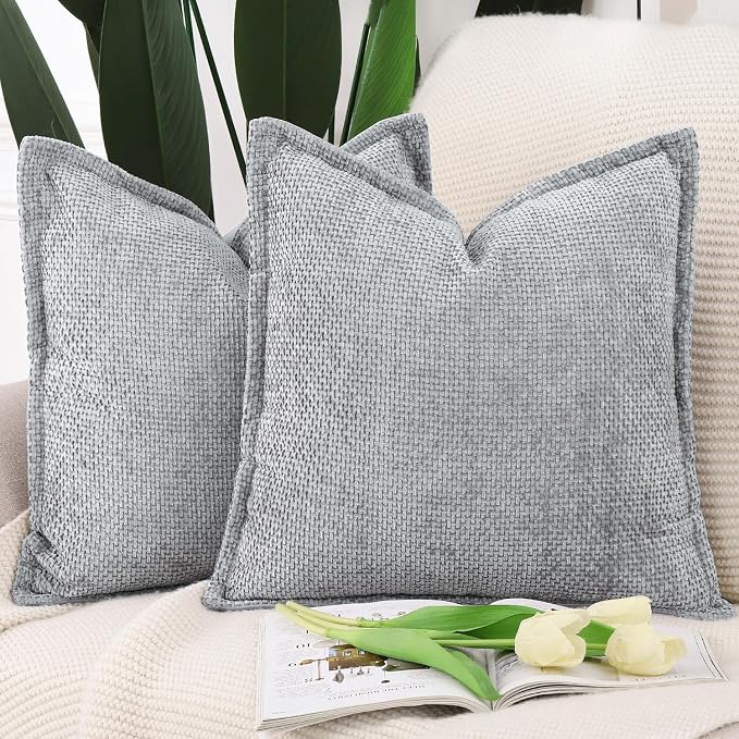 MADIZZ Decorative Chenille Velvet Throw Pillow Covers Set of 2 Soft Boho Textured Neutral Couch Throw Pillow for Bed Modern Farmhouse Home Decor for Sofa Livingroom Grey 16x16 Inch