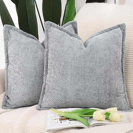 MADIZZ Decorative Chenille Velvet Throw Pillow Covers Set of 2 Soft Boho Textured Neutral Couch Throw Pillow for Bed Modern Farmhouse Home Decor for Sofa Livingroom Grey 18x18 Inch