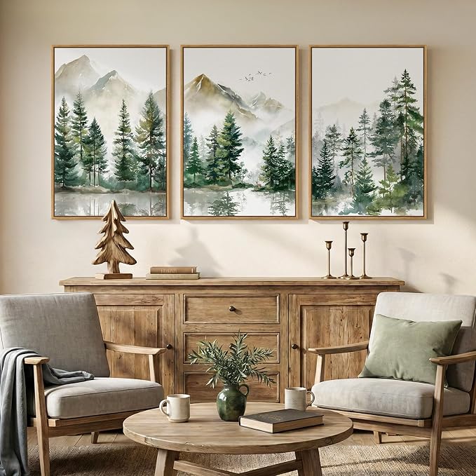 Framed Forest Mountain Wall Art for Living Room, 3 Piece Green Pine, 24x36 | Watercolor, Nature, Pine tree print, Foggy scenic, Landscape, Minimalist, Bedroom decor, Home office, Hallway, Canvas artwork