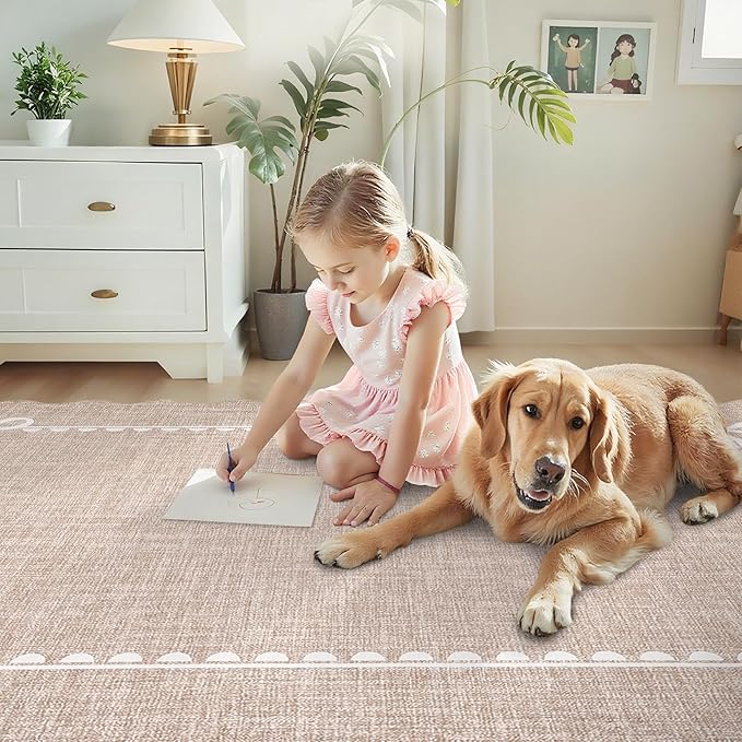 COZYLOOM 9x12 Dining Room Rugs for Under Table, Machine Washable Area Rugs for Bedroom, Non Slip Non Shedding Scalloped Border Rug Stain Resistant Low Pile Bow Carpet for Living Room, Nursery, Camel