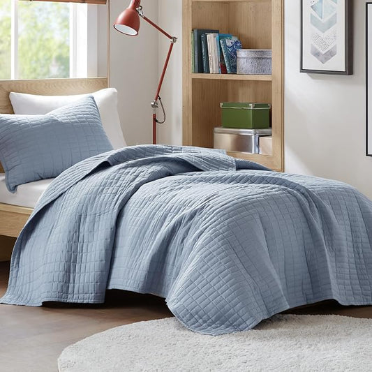 Comfort Spaces Kienna Twin Quilt Bedding Set 2 Piece, 66"x 90" Blue | Soft Cozy Lightweight Summer Twin XL Coverlet for College Dorm, Quilted Extra Layer, Modern Casual Bedroom Decor, OEKO-TEX