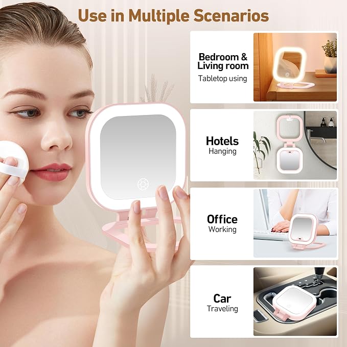 GOMIPURU Travel Mirror with Light, 1x/30x Magnifying Mirror with 3 Color Lights and Adjustable Brightness, 4.5x3.9 inch Small Compact Hangable Hand Pocket 3 Way Mirrors, Comes with Tweezer