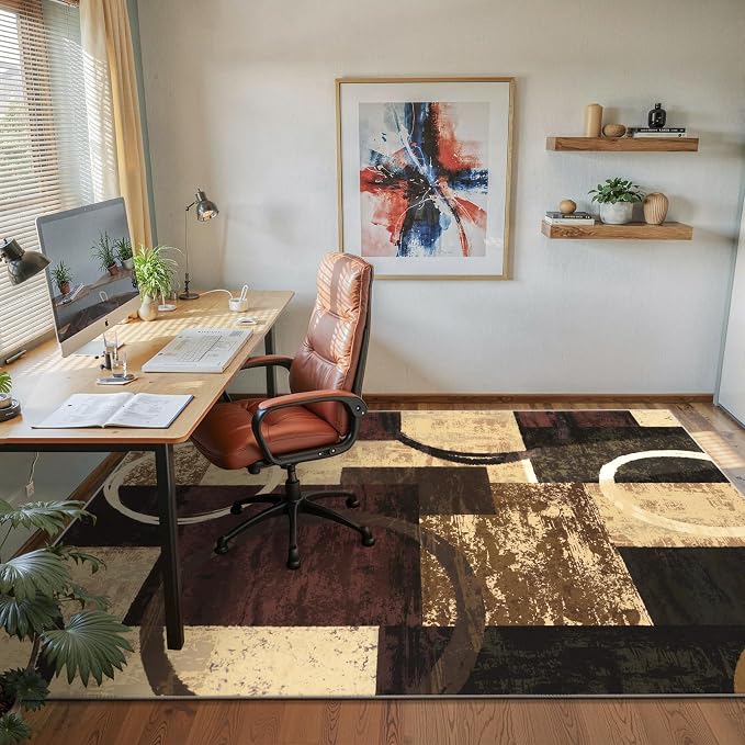 Yamaziot 5x7 Washable Modern Abstract Area Rug Non-Slip Living Room Rug | Stain Resistant, Low Pile, Ultra Soft Carpet Rug with Rubber Backing for Dining Room, Nursery, Bedroom, Office, Brown