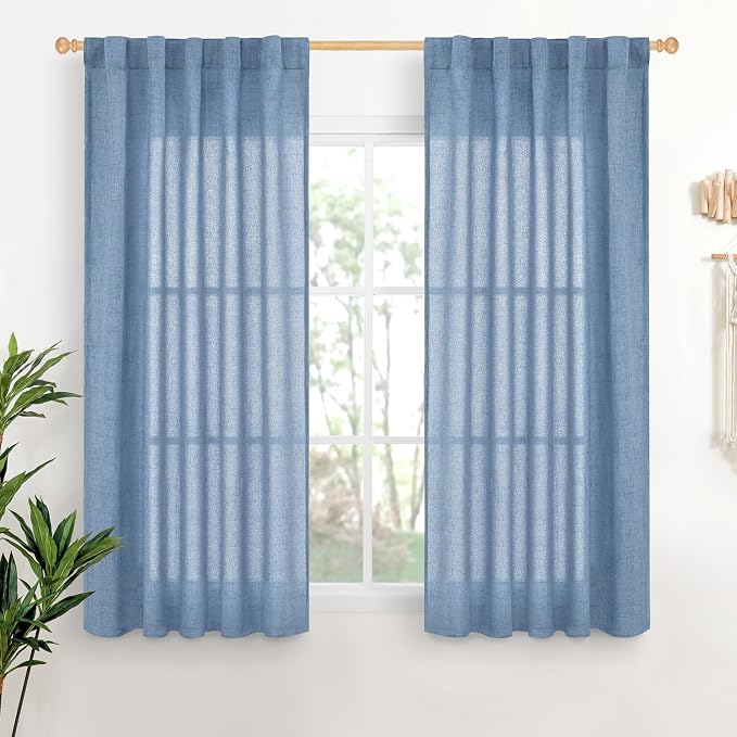 YoungsTex 48 Inch Length Denim Blue Linen Curtains, Short Drapes Light Filtering Semi Sheer with Rod Pocket Back Tab for Bathroom Living Room Windows, 2 Panels, 42 X 48 Inch