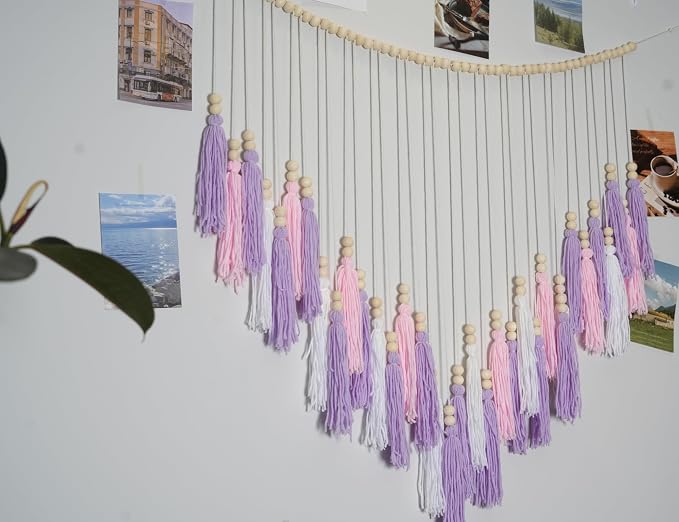 Pink & Purple Macrame Hanging Boho Wall décor, Purple Wall Decor for Bedroom Living Room Girls Room Nursery Large Tassel Hanging with Wood Beads 41" W x 32" H