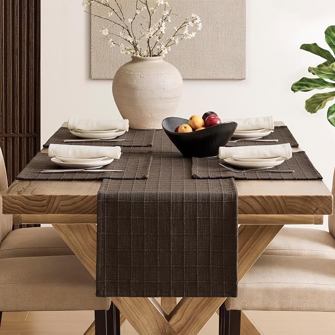 ZeeMart Artisanal Grid Linen Table Runner, 13x90 Inches Chocolate | Heavy Textured, Durable Thick Fabric, Farmhouse Handwoven Feel Linen Runner, Easy Care Table Decor for Kitchen Dining Room