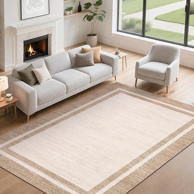 COZYLOOM Area Rugs 10x13 Large Living Room Rug with Rubber Backing, Stain Resistant Modern Bordered Rug, Non Shedding Low Pile Soft Carpet, Foldable Thin Mats for Bedroom, Dining Room, Office, Beige