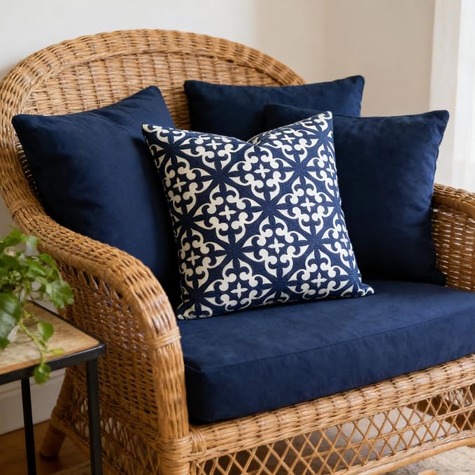 Slow Cow Canvas Embroidery Decorative Throw Pillow Cover Navy Blue Cushion Cover for Living Room 18 x18 Inches