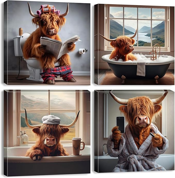 Rustic Cow Wall Art Funny Bathroom Wall Decor Abstract Wildlife Pictures for Kids Farmhouse Animal Posters Country Highland Cow Canvas Prints Longhorn Cattle Artwork Bedroom Home Decoration 20x20" 4P